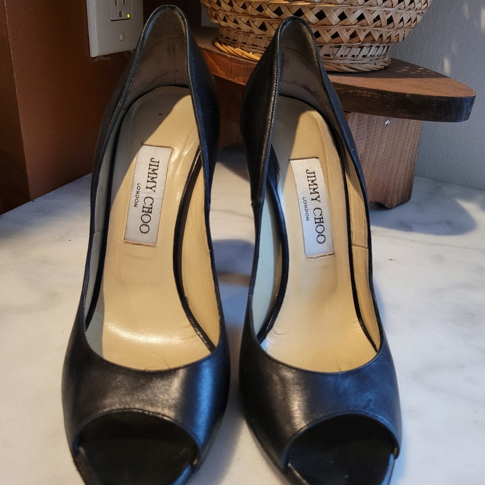 Jimmy Choo Heels, black heel, leather, peep toe